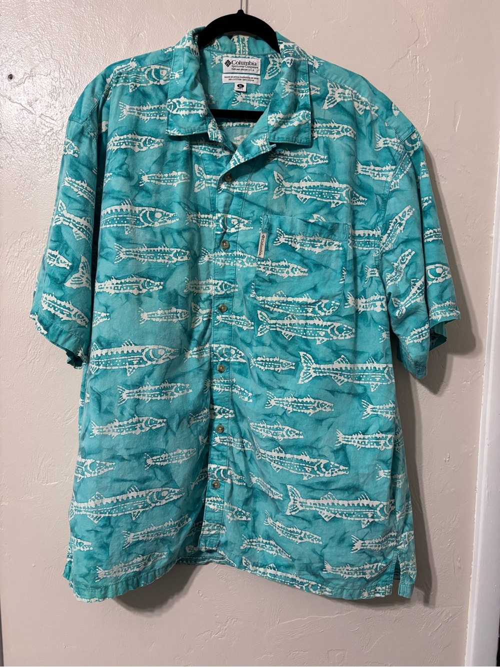 Columbia Men's Turquoise Fish Print Short-Sleeve Shirt XL 100% Cotton